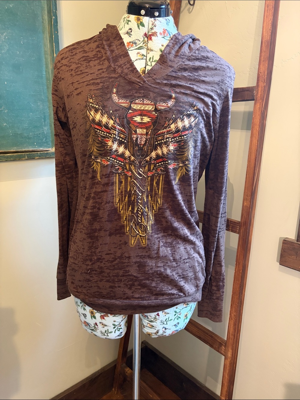 Women's Brown Hooded Graphic Pullover with Southwestern Bull Motif